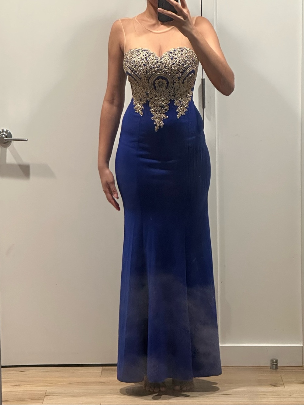 Strapless Royal Blue Prom Gown with Gold Embellished Bodice